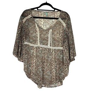 Maurices Ladies Size L Sheer Flowy Boho Lace Trim Tie Front taupe/blue/pink Top